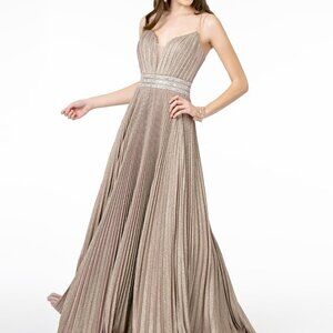 Illusion V-Neck A-Line Pleated Long Dress GSGL2905